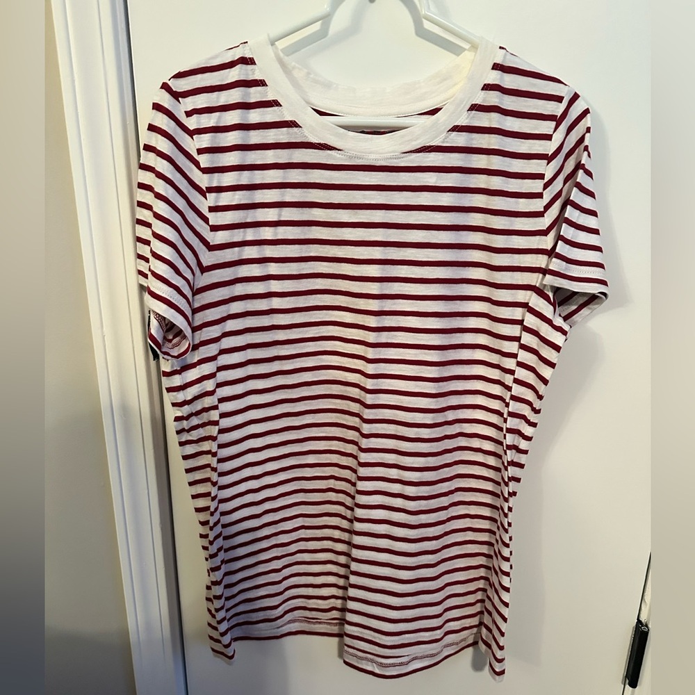 LOFT Burgundy and White Striped Tee SZ L